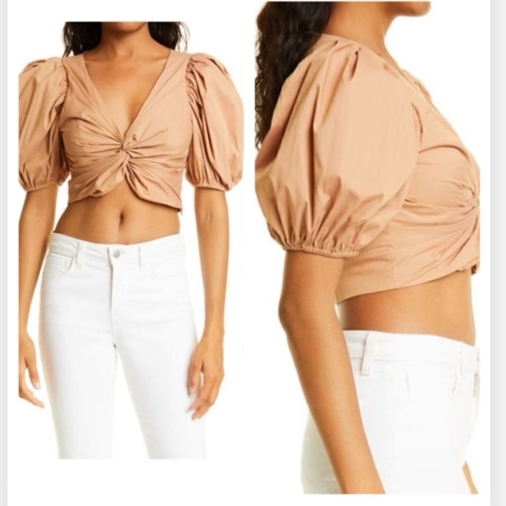 Cinq a Sept Vada Puff Sleeve Poplin Crop Top in Sahara Size L NWT $ 295.00